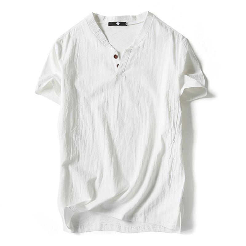 Men's Plus Size Summer Cotton-Linen V-Neck Loose Fit Short Sleeve T-Shirt