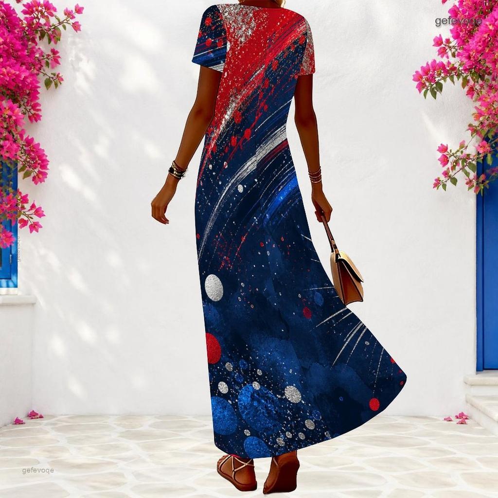 Women Plus Size V Neck Short Sleeve Maxi Dress Star Printed Red White Blue