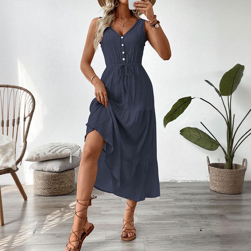 2026 European Strappy Sleeveless V-neck Solid Color Women's Summer Dress