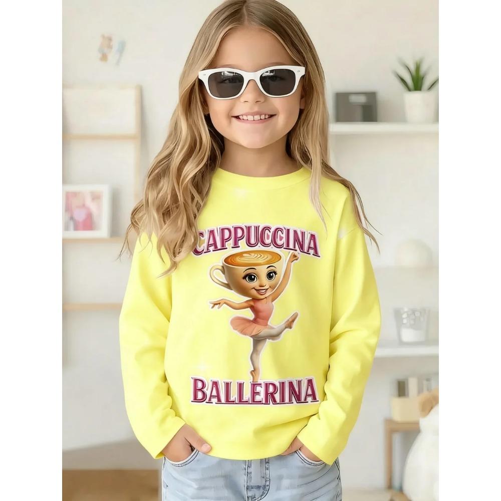 Spring and Autumn Round Neck 3D Cappuccina Ballerina Printed Top Fashionable Casual Long Sleeved Children's Girl T-shirts