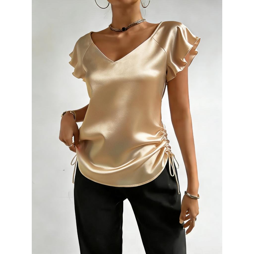 Neues Satin-V-Ausschnitt-Rüschen-Kordelzug-Oberteil im französischen Stil für Damen, Modebluse im europäischen amerikanischen Stil