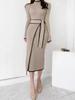 Harajuku Elegantes, gestricktes langes Rollkragenkleid mit Schnürung, koreanische Mode, Khaki, Schwarz, Rippenverband, figurbetontes Pulloverkleid, Robe Femme
