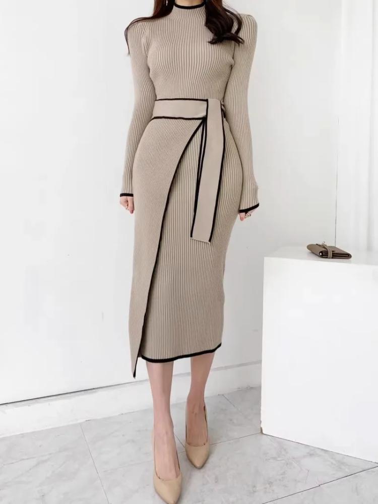 Harajuku Elegant Lace Up Turtleneck Knitted Long Dress Korean Fashion Khaki Black Rib Bandage Bodycon Sweater Dress Robe Femme