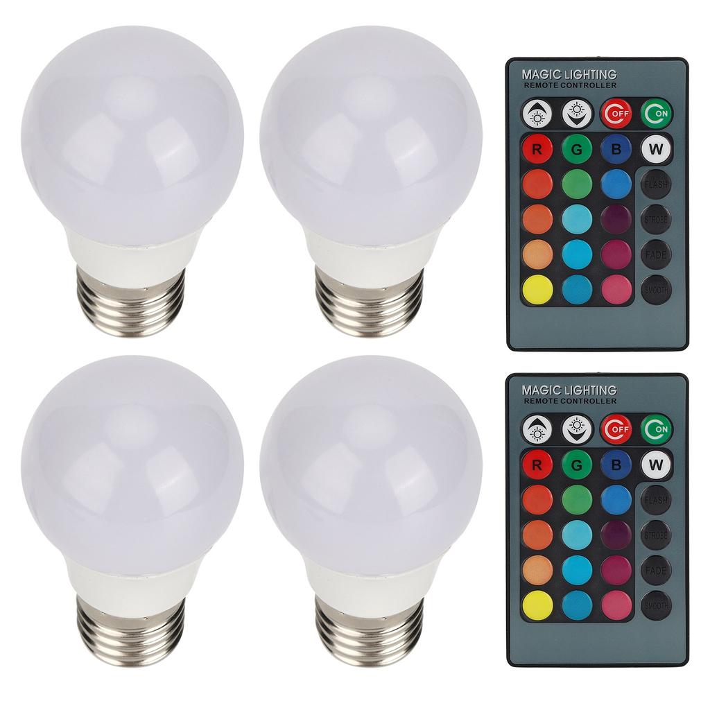 4pcs E27 RGB LED Light Bulbs Colorful Decorating Lamp with 2 Remote Controls 3W AC85‑265V