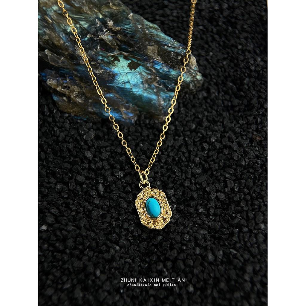 Thick-plated 18K Real Gold Strong Color Retention Synthetic Turquoise Geometric Literary and Retro Commuting Necklace, Collarbone Chain