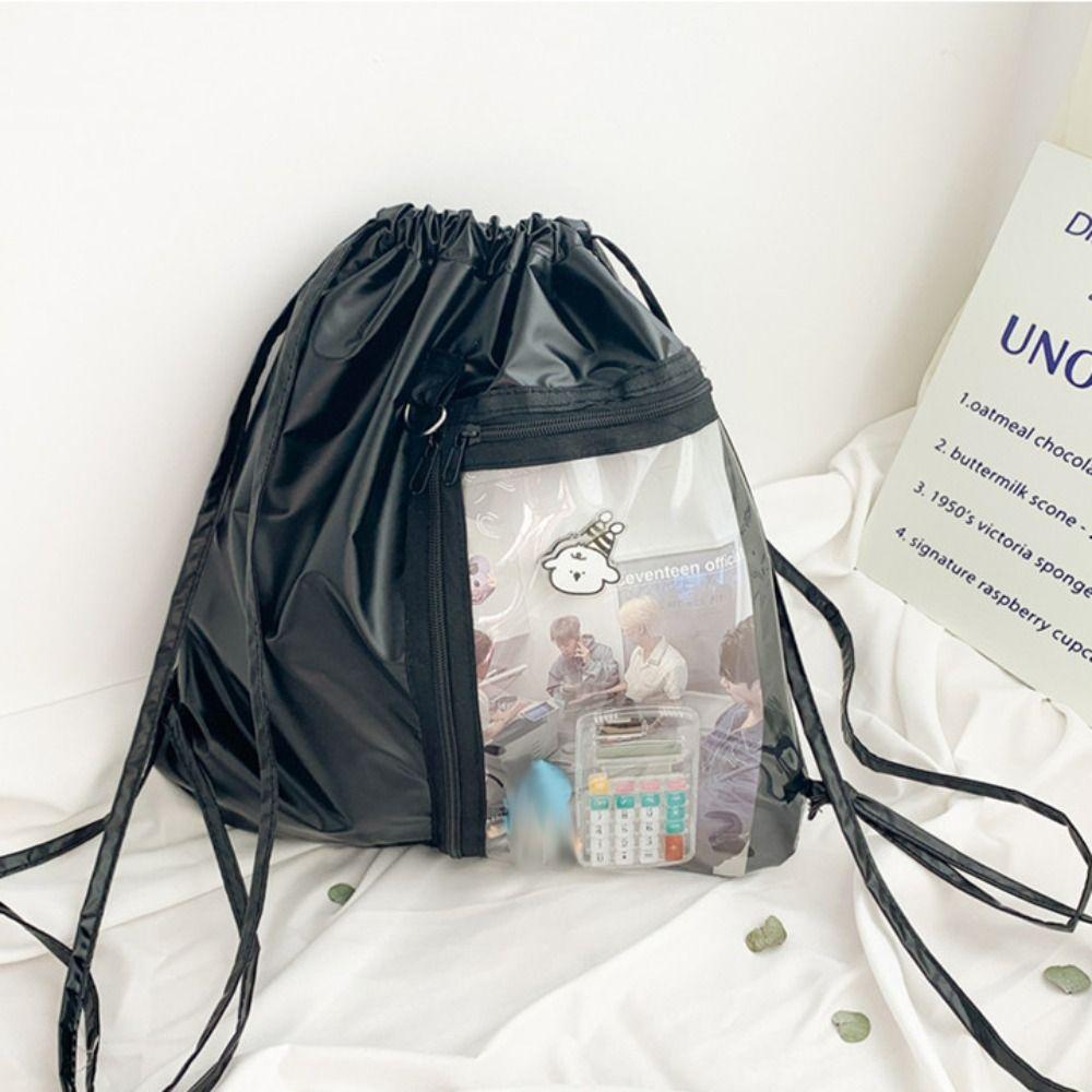 Large Capacity Drawstring  Backpack Transparent Pocket Shoulder Bag Cute Korean Style Itabag  Girls