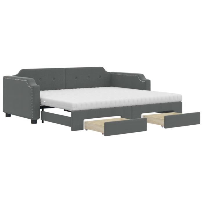 VidaXL Lit de jour avec gigogne et tiroirs gris foncé 90x200 cm tissu 3197689