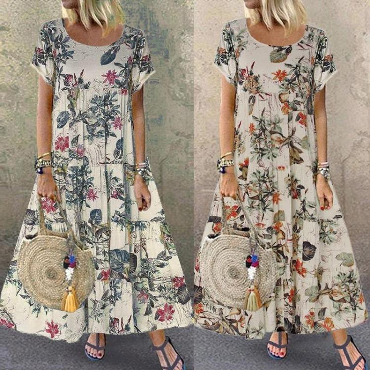 Neues Sommer Bohemian Bedrucktes Damenkleid Kurzarm Rundhals