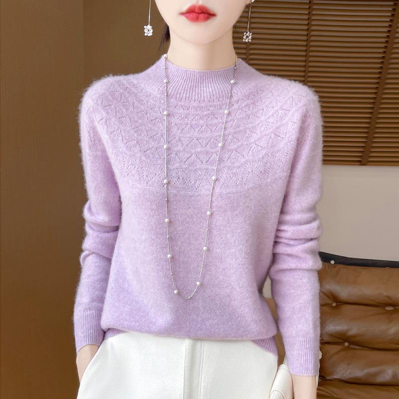 2025 Autumn/Winter Women's Half-High Collar Hollow Design Pure Wool Seamless Sweater Pullover