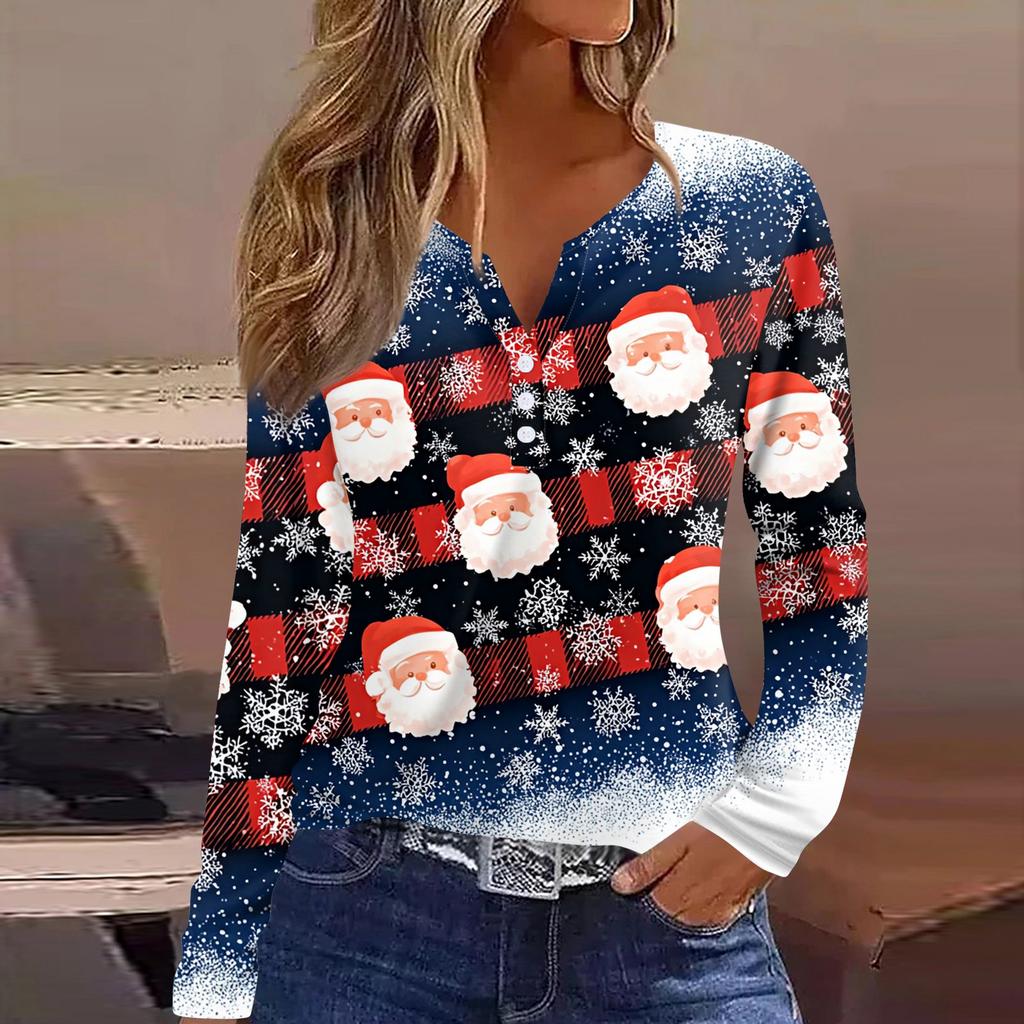 Women's T Shirt Tee Christmas Printed Button Long Sleeve Tunic Daily Weekend Fashion Basic V- Neck Regular Top