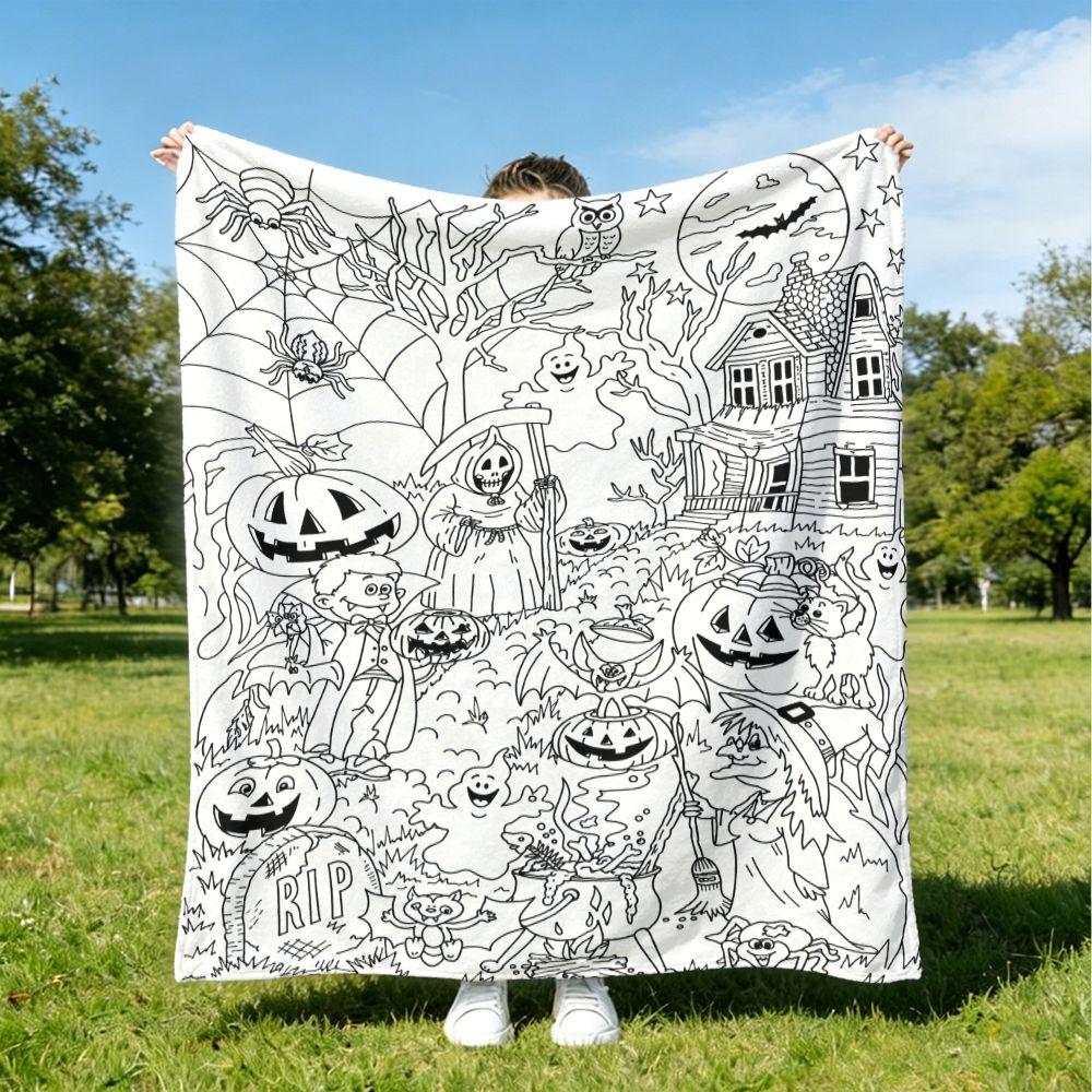 1pc Halloween Sketch?Print Throw Blanket, Sofa Decor, Skin?Friendly DIY Coloring Gift for Adults