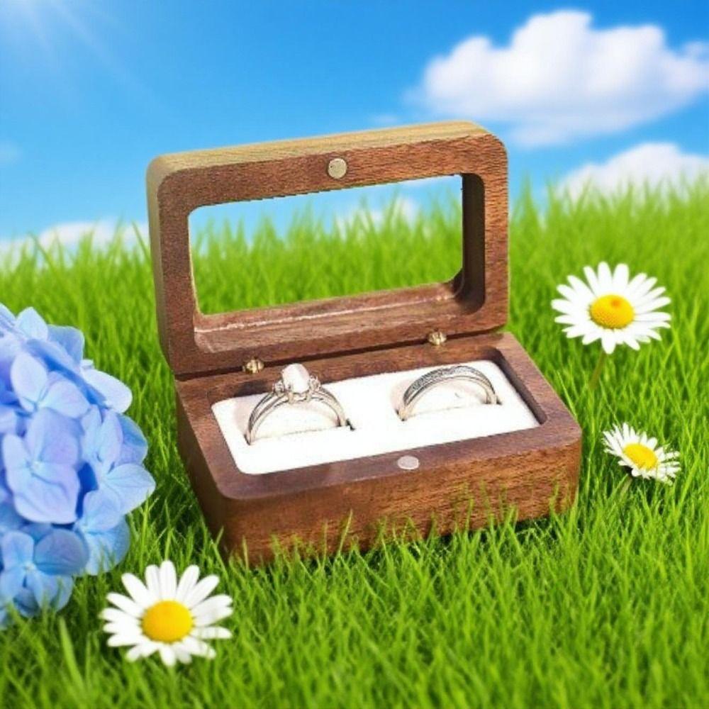 Double Slot Wooden Ring Box Opening Window Jewelry Ring Holder Black Walnut Cufflinks Box  Couples
