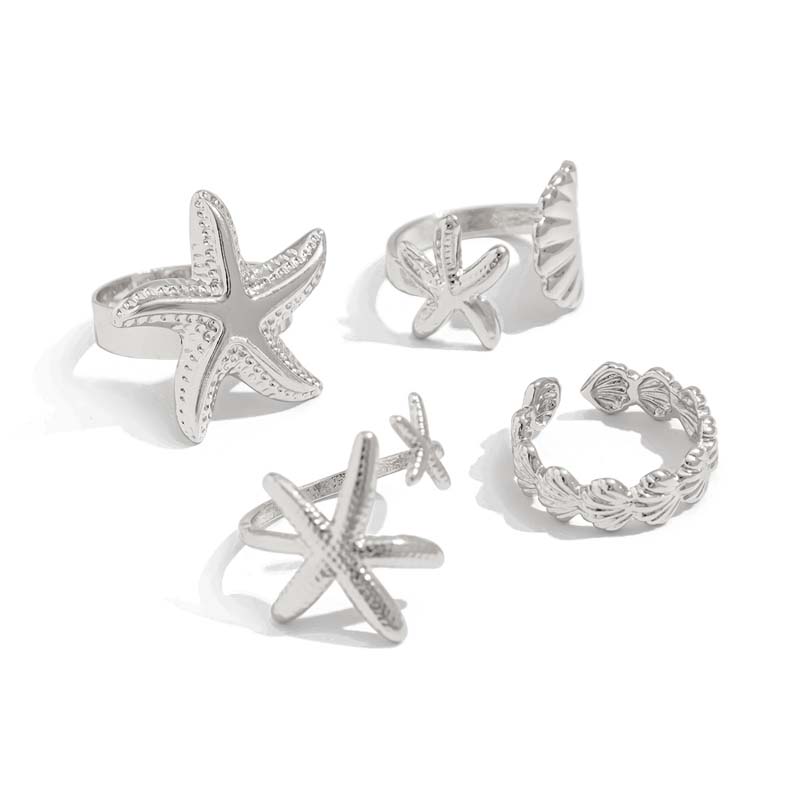 4Pcs/Set Boho Metal Starfish Open Rings For Women Men Exaggerated Gold Color Geometric Adjustable Ring Beach Jewelry Accessory