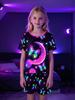 Girls Glow Under UV Light Pajama Set, Colorful Butterfly Moon Star Print Short Sleeve Tight Fit Sleepwear For Kids Girls 8-12Y