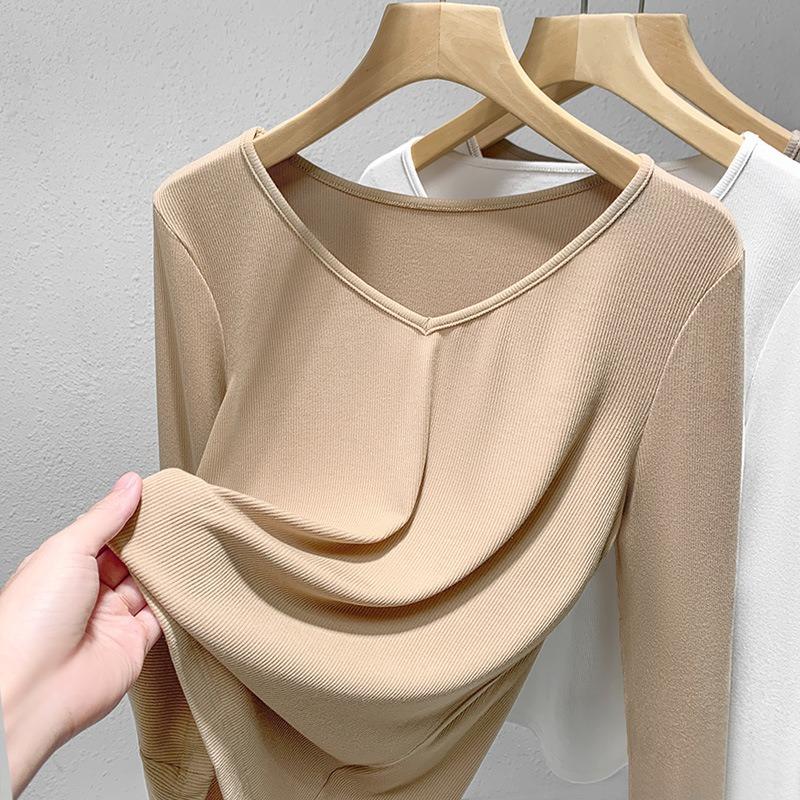 Threaded bottoming shirt women's new women's temperament v-neck long-sleeved t-shirt elastic inner waist top
