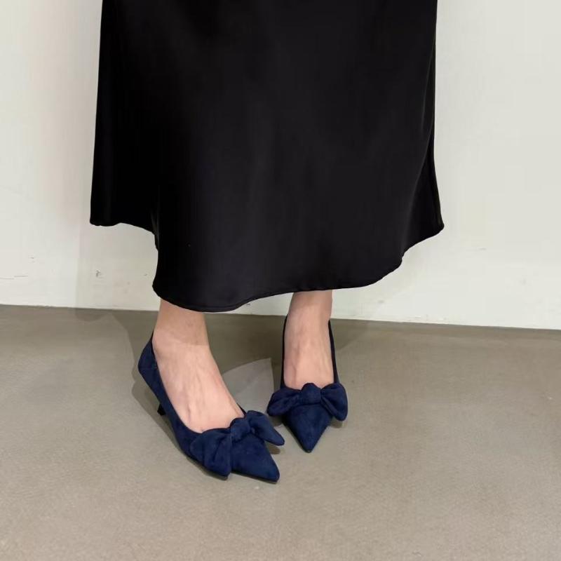French Pointed-toe Bow Suede Single Shoe for Women 2025 New Style Slim Heel Versatile and Elegant Commuting Single Shoe