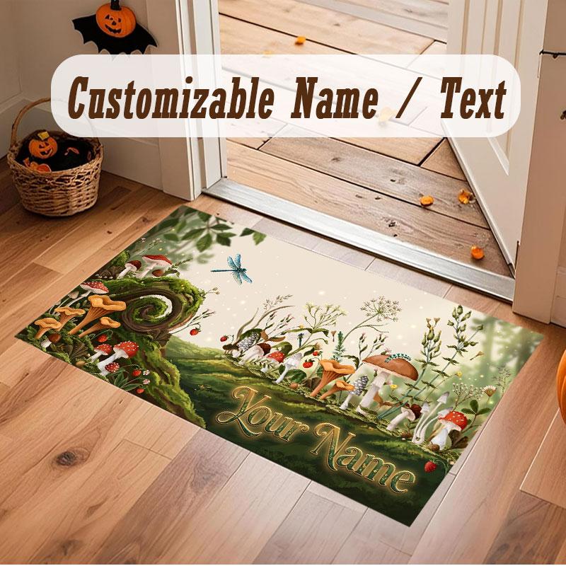 Mushroom Forest Theme Crystal Velvet Floor Rug Personalized Custom Name Text Warm Carpet Home Decoration