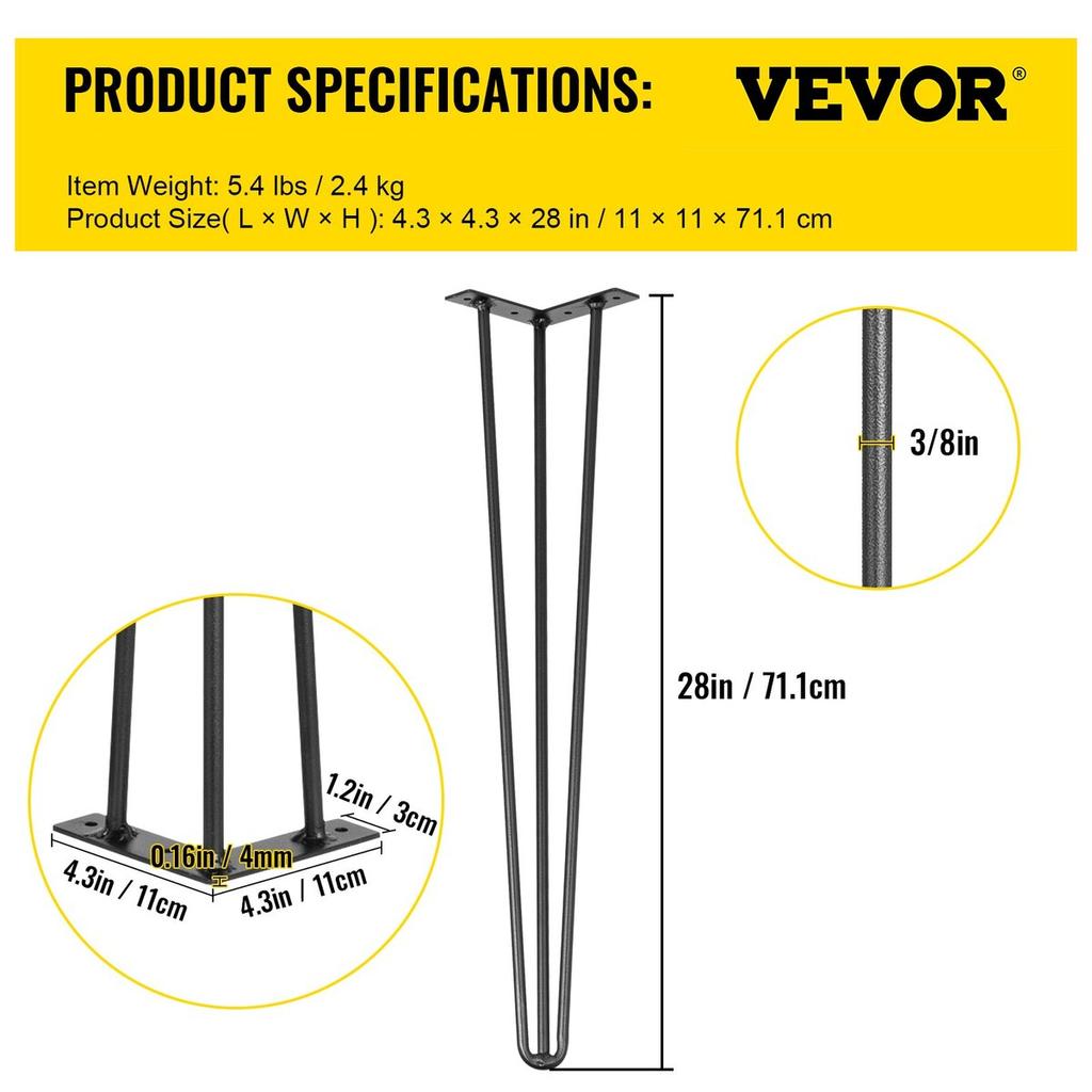 Hairpin Table Legs 28 inch Black Set of 4 Desk Legs Each 220lbs Capacity Hairpin Desk Legs 3 Rods for Bench Desk Dining End Table Chairs Carbon Steel