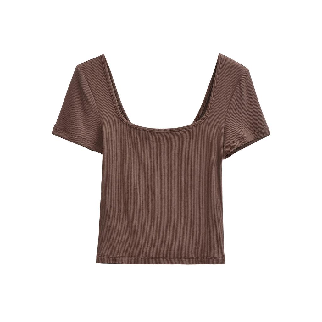 Square neck short-sleeved T-shirt women's summer new American Spice Girl solid color slim-fitting and thin bottoming top
