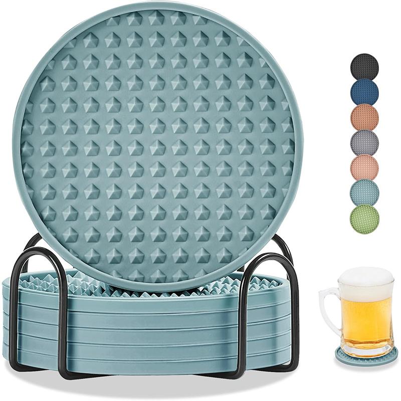 Coasters for Drinks 6 Pack Drink Coaster with Holder Heat Resistant Silicone Cup Mat Tabletop Protection Non-Slip Coasters JT572