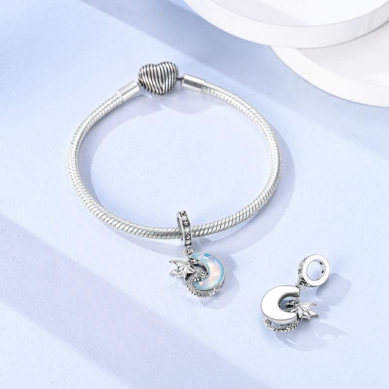 925 Sterling Silver Charms Bead CZ Zircon Dragon and Moon Dangle Fit Original Bracelet DIY Women Jewelry Gift