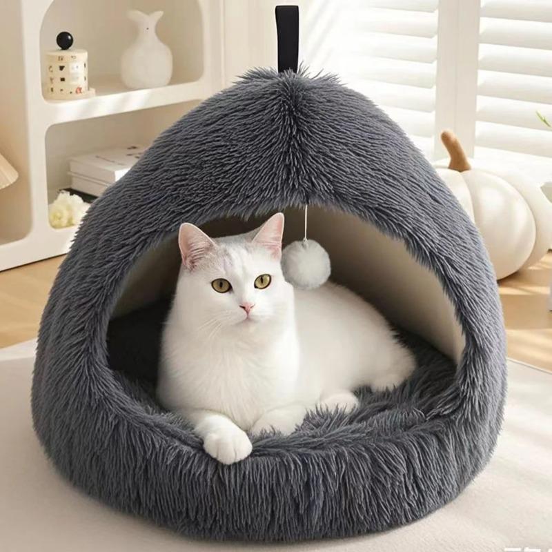 BSemi-enclosed Cat House with Ball Toy Portable Dog Bed For Small Dog Anti-slip Sleeping Cat Bed Plush Dog House Cat Accessories