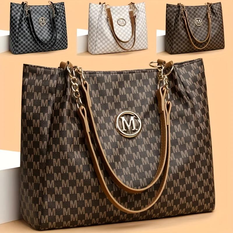 Ladies' PU Retro M Print Large Capacity Spring and Summer Travel Vacation Zipper Switch Shoulder Bag, Crossbody Bag, Handbag, Tote Bag