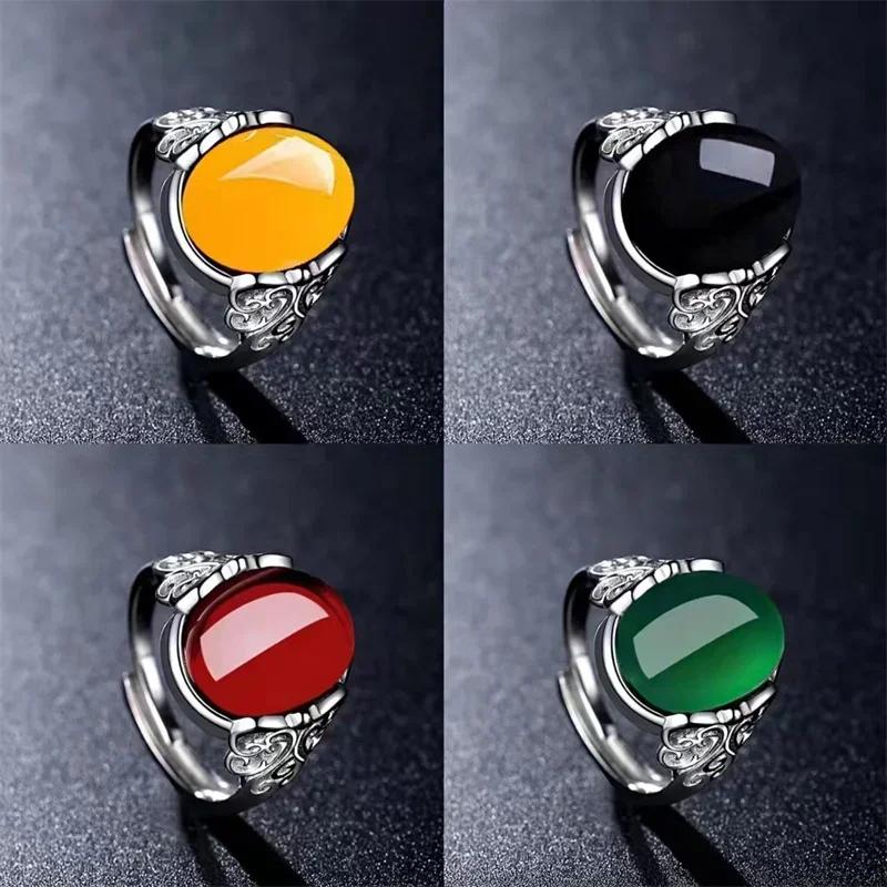 2025 New Red Agate Chalcedony Ancient Silver Color Open Ring Female Crown Rhinestone Ring Hollow Jewelry Gift Adjustable Anillos