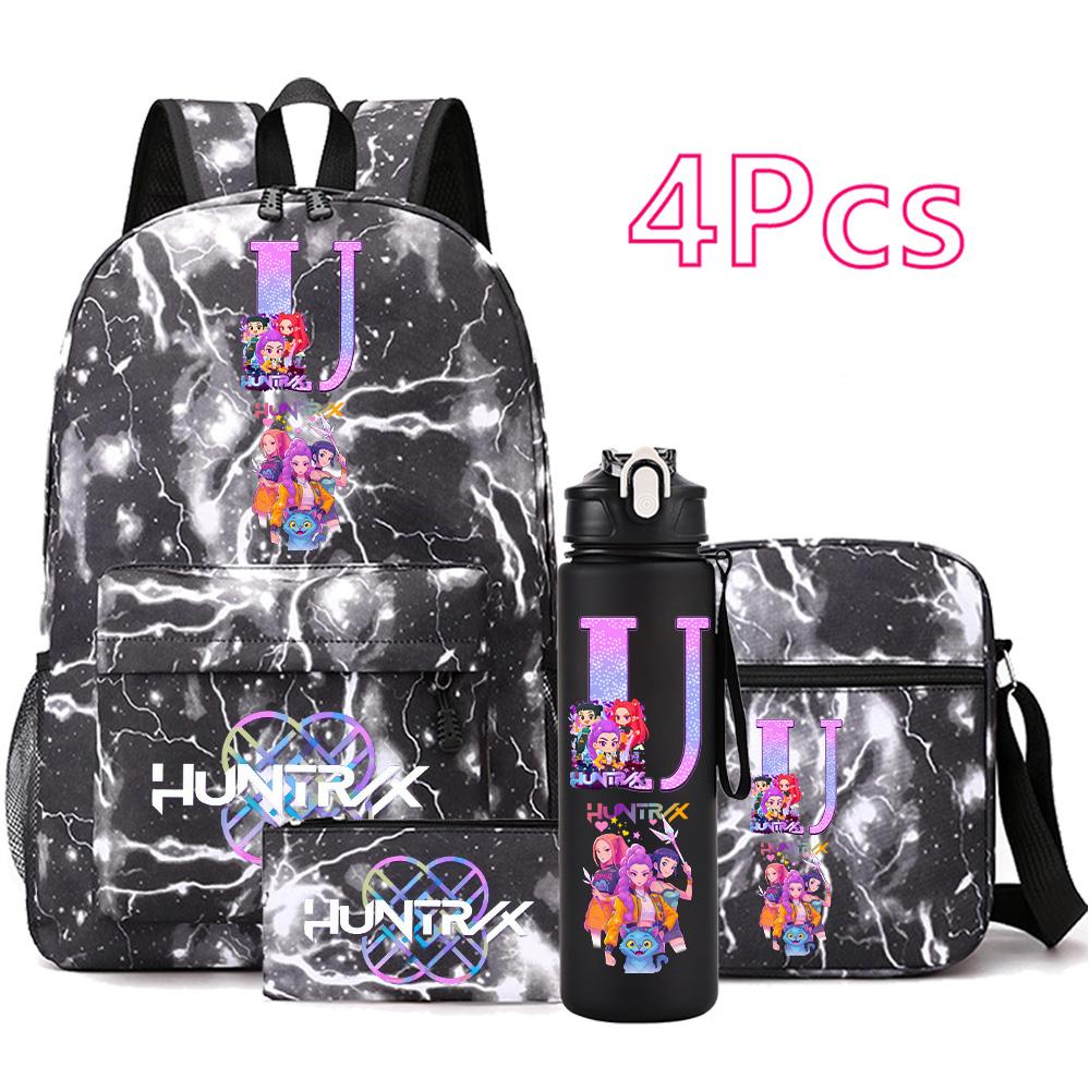4 Stück/Set Cartoon Anime Aufdruck Rucksack Große Kapazität Schultasche Umhängetasche Tasche mit 750ml Wasserflaschenhalter Junge Mädchen Schultasche
