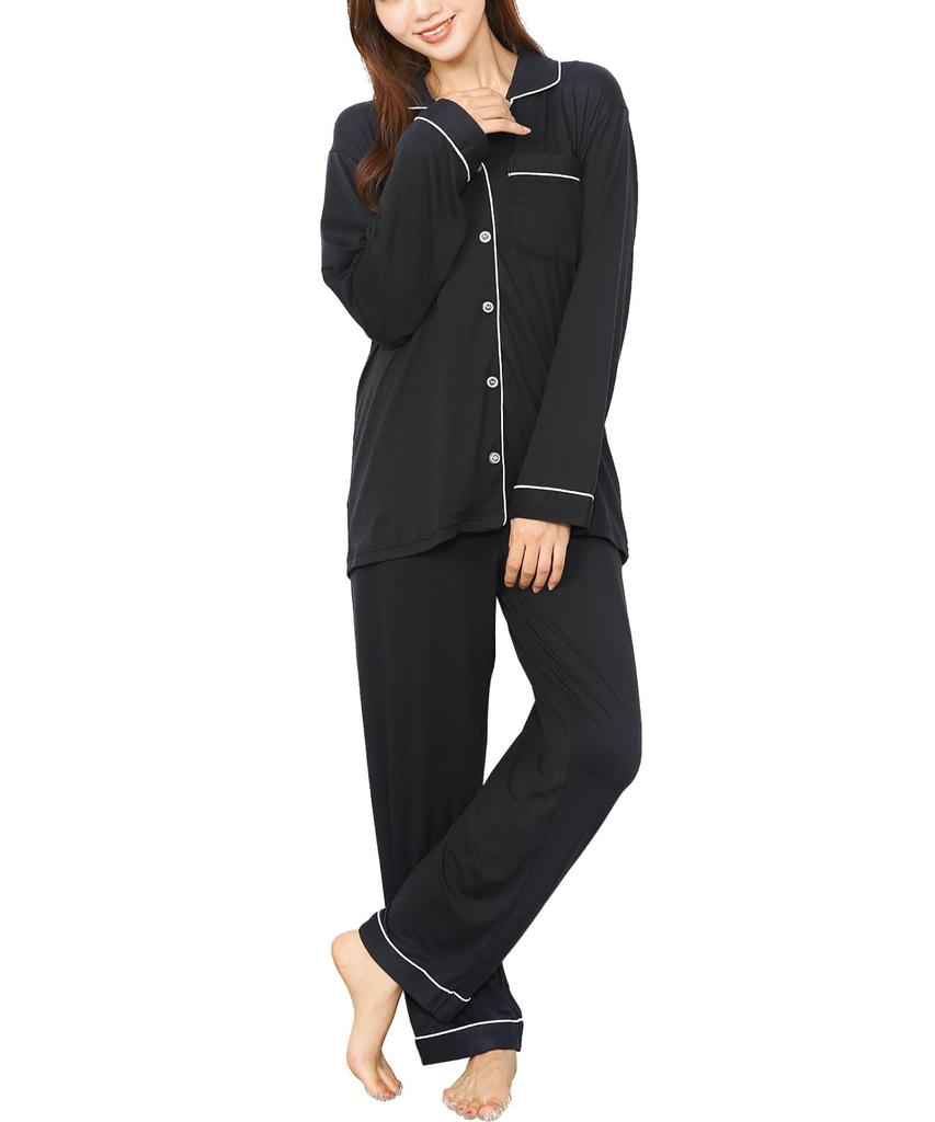 ON NISHIKI Long Sleeve Front Top and Bottom Powder Long Loungewear Size Women's Pajamas, Opening, Set, Stretch, Wrinkle-Resistant, Pants, (Black,