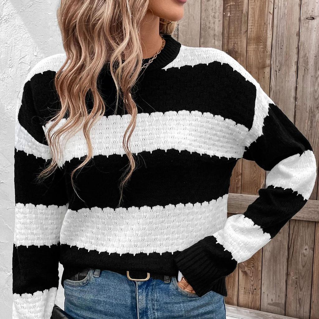 Autumn And Winter Lazy Style Round Neck Striped Texture Knitted Sweater For Women, Loose Fit S-L
