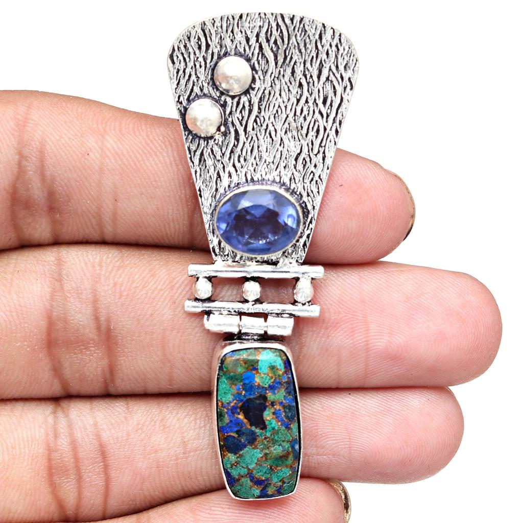 Copper Turquise Tanzite Gemstone Mother's Day Silver Jewelry Pendant  2.5"