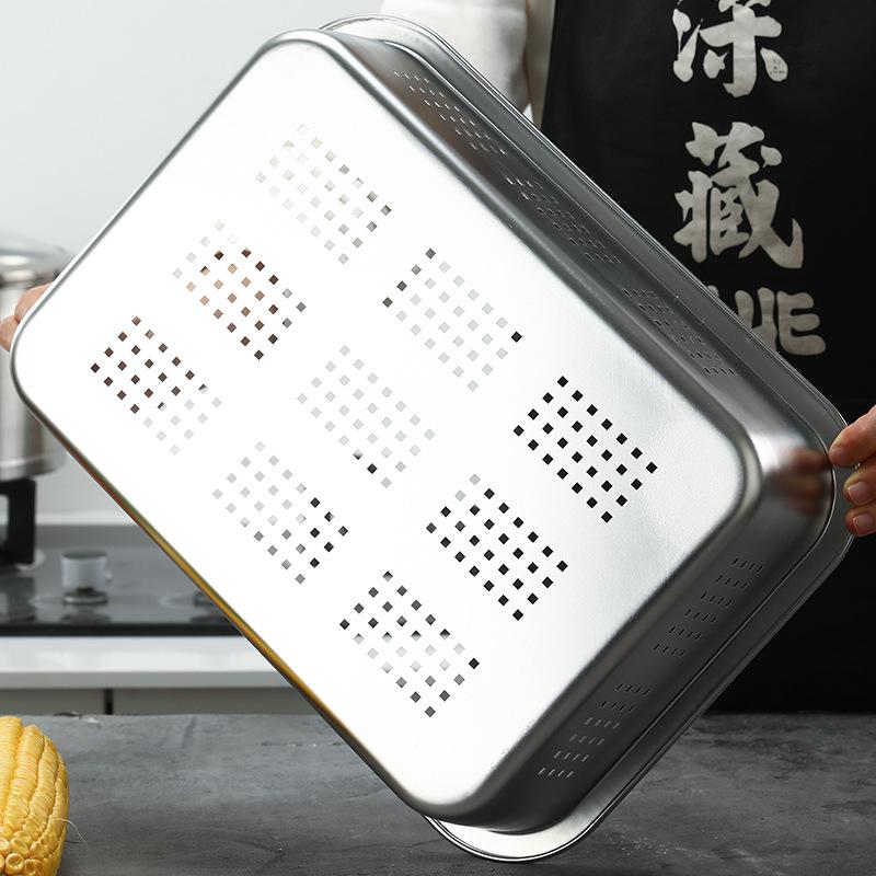 Vassoio di scolo rettangolare per alimenti da cucina, in acciaio inox, per pasticceria, pane, verdure, frutta, con coperchio
