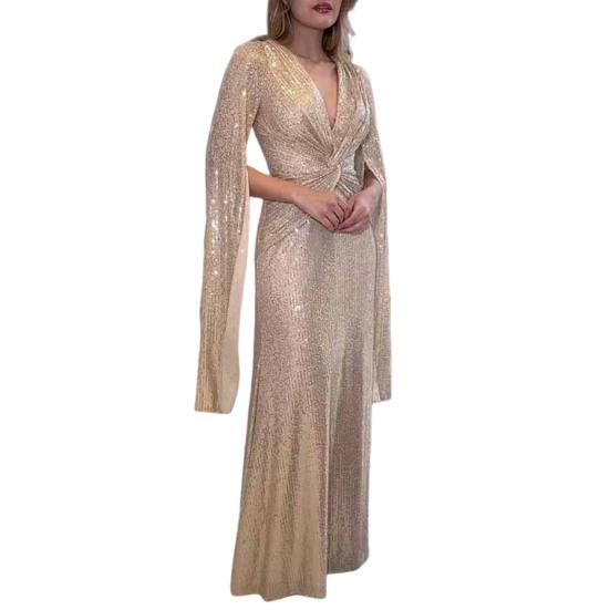 Women's Sequin Prom Dress Long Cape Sleeve Front Twist Knot Maxi Dress Sparkly V Neck Formal Evening Party Wedding Gown