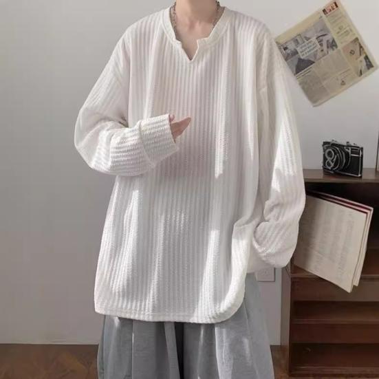 Spring Autumn Men Top V Neck Long Sleeves Oversized Solid Color Loose Mid Length Striped Texture Pullover Hip Hop Streetwear Sweatshirt