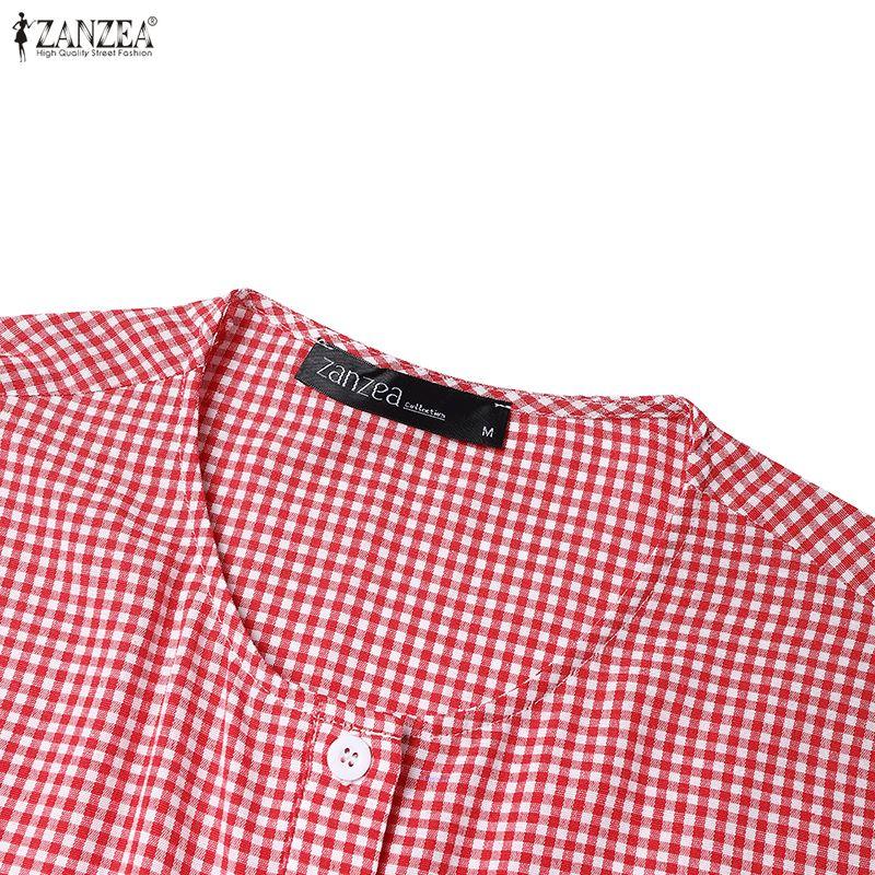 ZANZEA Women Casual Round Neck Long Sleeve Plaid Print Dress