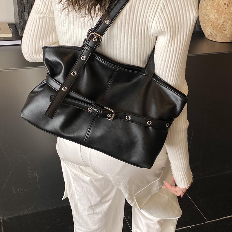 Faux Leather Tote Bag for Women with Belt Detail Fashion Shoulder Handbag Casual Everyday Use