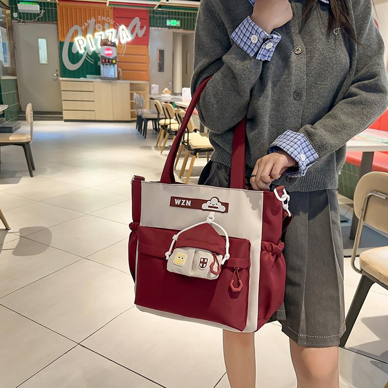 Student Handbag Women Color Block Crossbody Bag Large Capacity Classes Book Shoulder Bag with Coin Purse