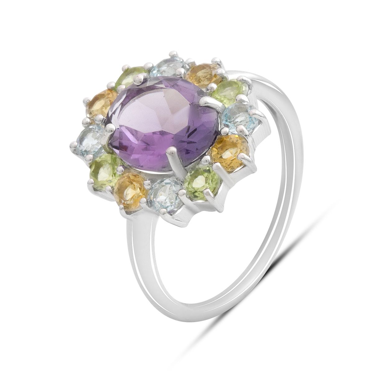 

Серебряное кольцо с натуральным аметистом 3.558ct, цитрином, хризолітом, топазом, вес изделия 3,65 гр (2193364) 17.5 аметист