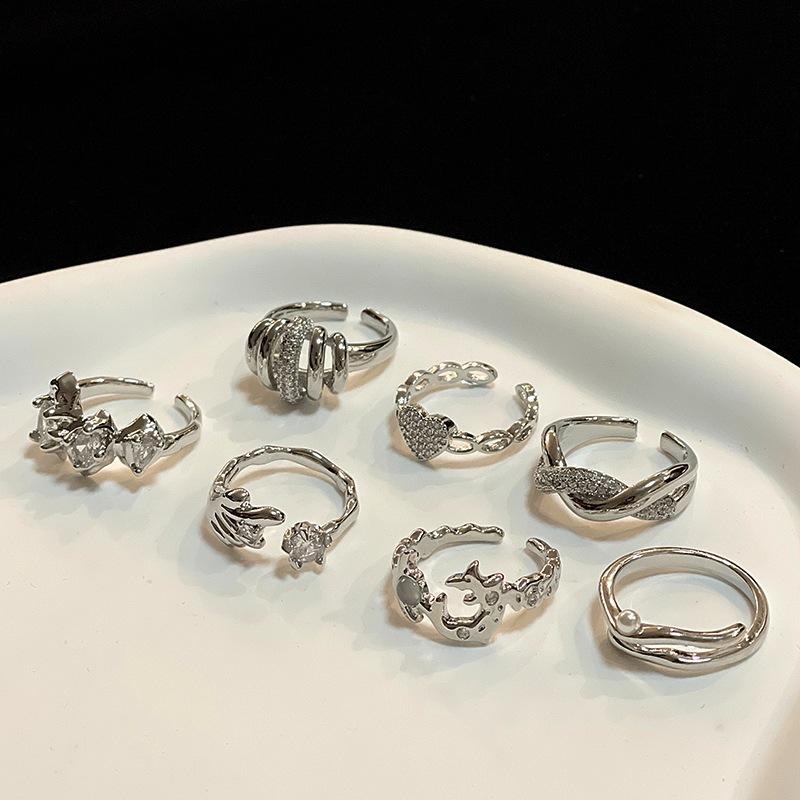 Irregular French Pleated High-End Open Ring Cold Wind Simple Full Of Diamonds Zircon Personality Ring Female