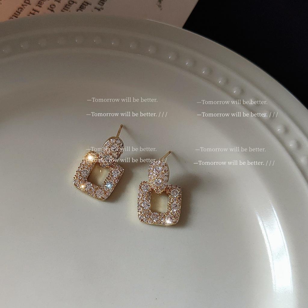 Super Flash Micro-inlaid Zircon 925 Silver Needle Plated 14K Japanese and Korean Ins Square Geometric Earrings, Earrings Stud Earrings