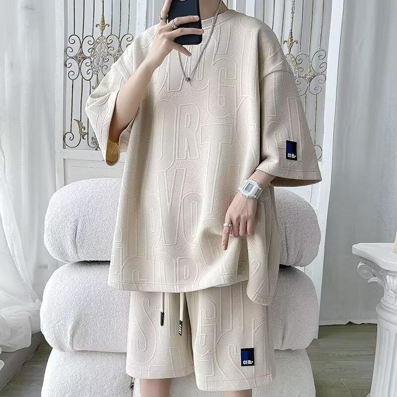 

Men s Summer Suit Casual T-shirt + Shorts 2 Pieces Set Suit Men s Tracksuit Solid Color Tracksuit Loose Suit XS