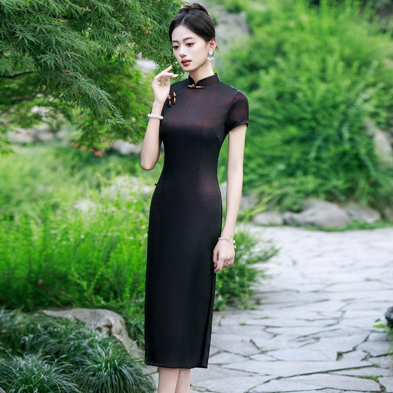 Mid-Length Womens Modern Chinese-Inspired Dress With Stand Collar Side Slit Daily Wear