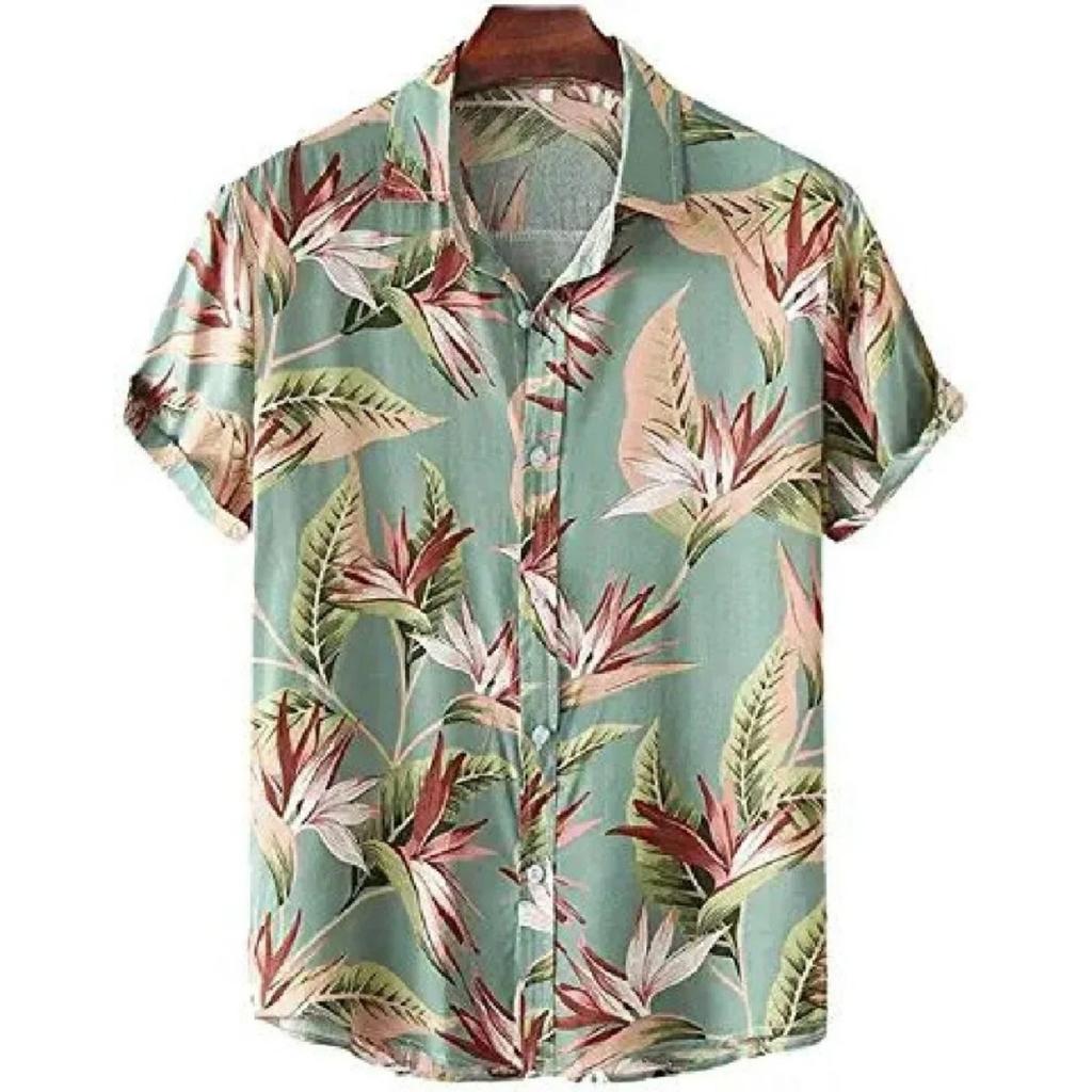 Hawaiian Beach Men's Short Sleeve Shirt with Plant Print Pattern Boy's Short Sleeve Lapel Casual