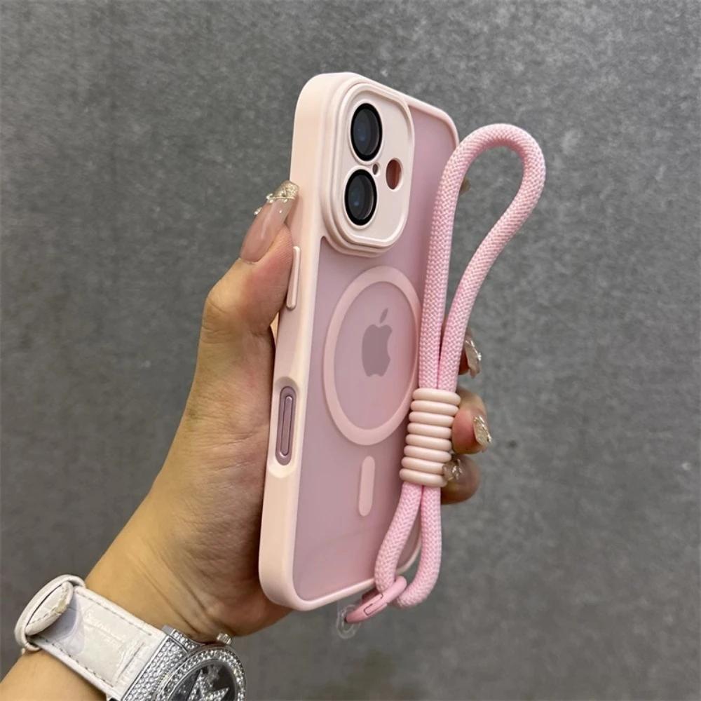 

Для Magsafe Прозора Контрастна Чохол-Ремінець Для iPhone 17 Pro 16 15 Pro Max 14 11 12 13 Ремінець на Руку/Зап ястя Матовий Прозорий Чохол For iphone 14Promax рожевий