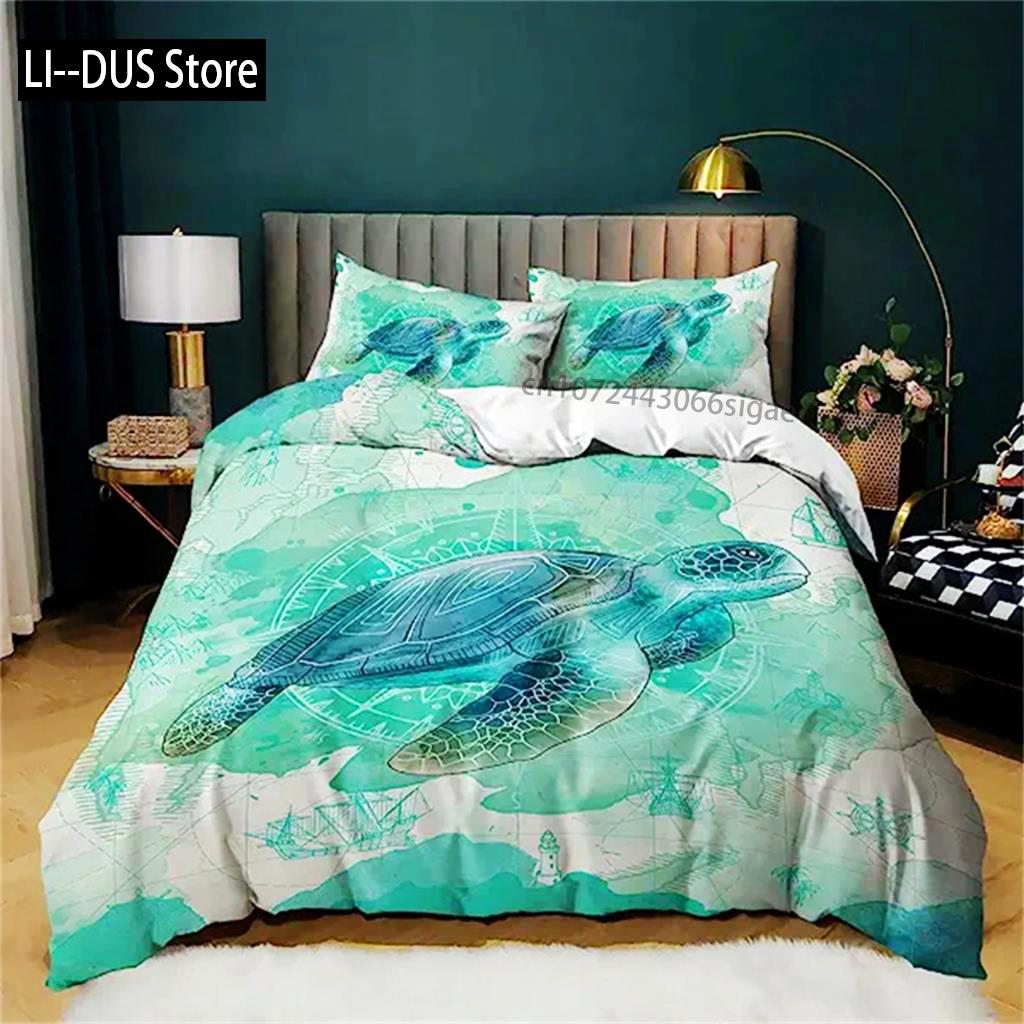 Sea Turtle Duvet Cover Green Blue Ocean Bedding Set Colorful Underwater World For Kids Child Women Nautical Sea Animal Reptile