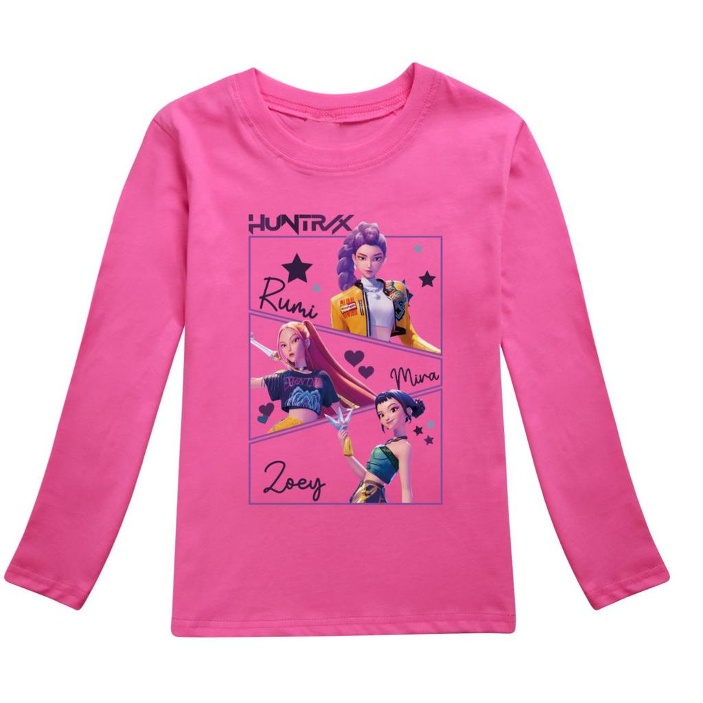 KPop Dämonenjäger Kinder Huntrix Langarm T-Shirt Cartoon Lässig O-Ausschnitt Oberteil für Jungen und Mädchen Mode Locker Jugendbekleidung