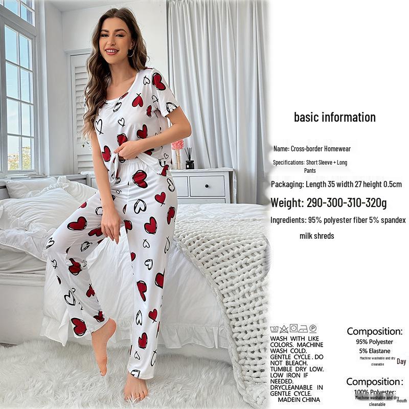 Women's Heart Print Silk Pajama Set - Short Sleeve Top & Long Pants