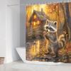 Open 1 piece of dark orange forest raccoon theme digital printed shower curtain, the shower curtain is made of polyester fabric