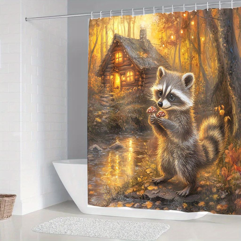 Open 1 piece of dark orange forest raccoon theme digital printed shower curtain, the shower curtain is made of polyester fabric